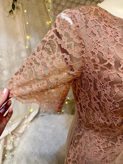 1960's Plus Size Taupe Raw Silk Dress with Blush Pink lace and Bow