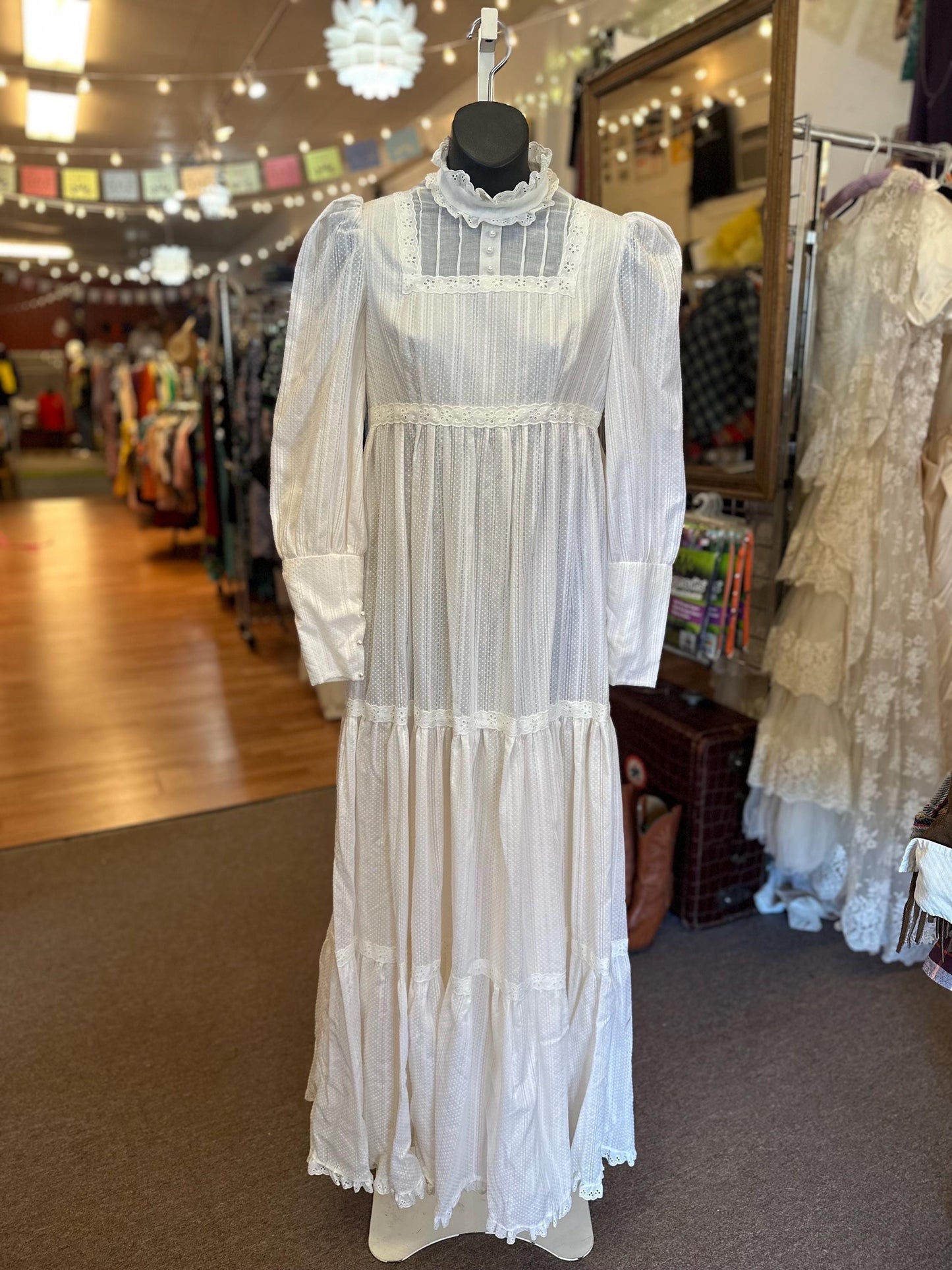 1970s Edwardian-Inspired Prairie Dress – Swiss Dot Fabric, Size XS