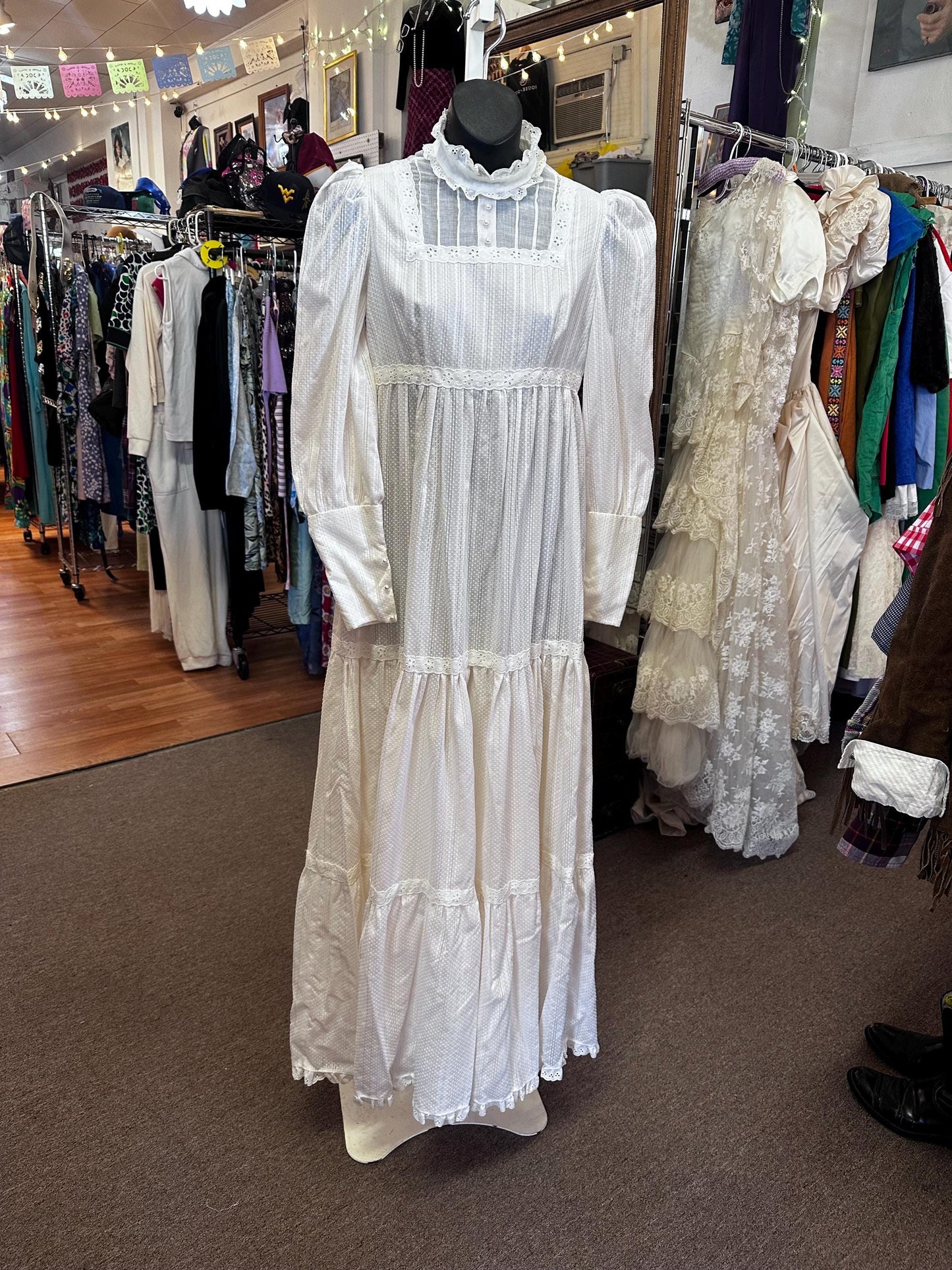 1970s Edwardian-Inspired Prairie Dress – Swiss Dot Fabric, Size XS