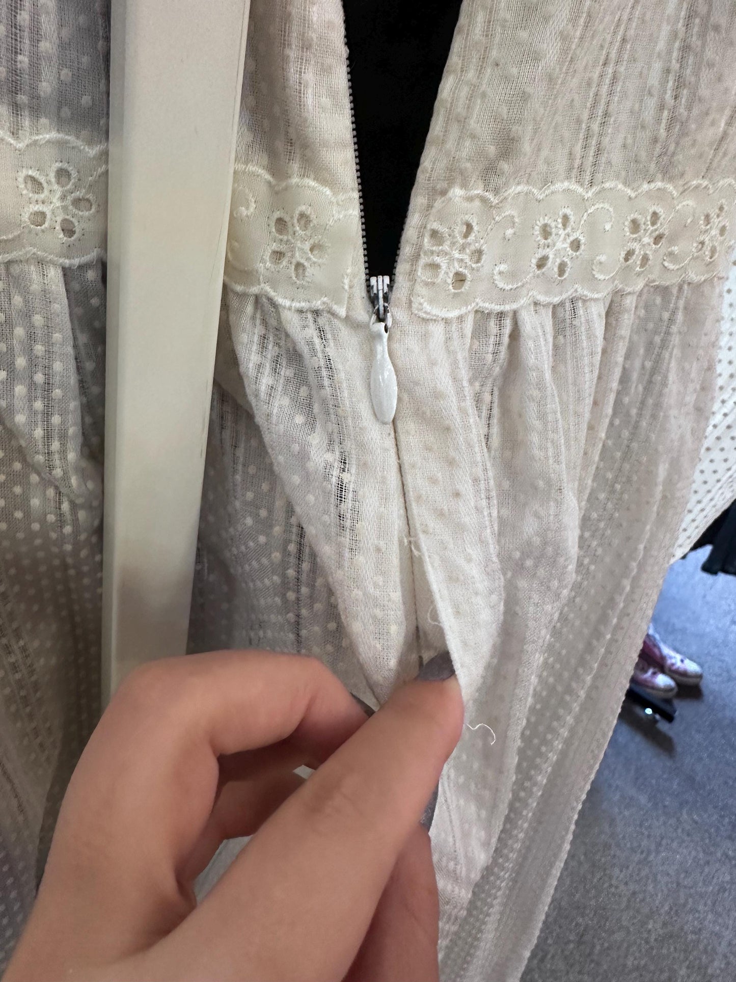 1970s Edwardian-Inspired Prairie Dress – Swiss Dot Fabric, Size XS