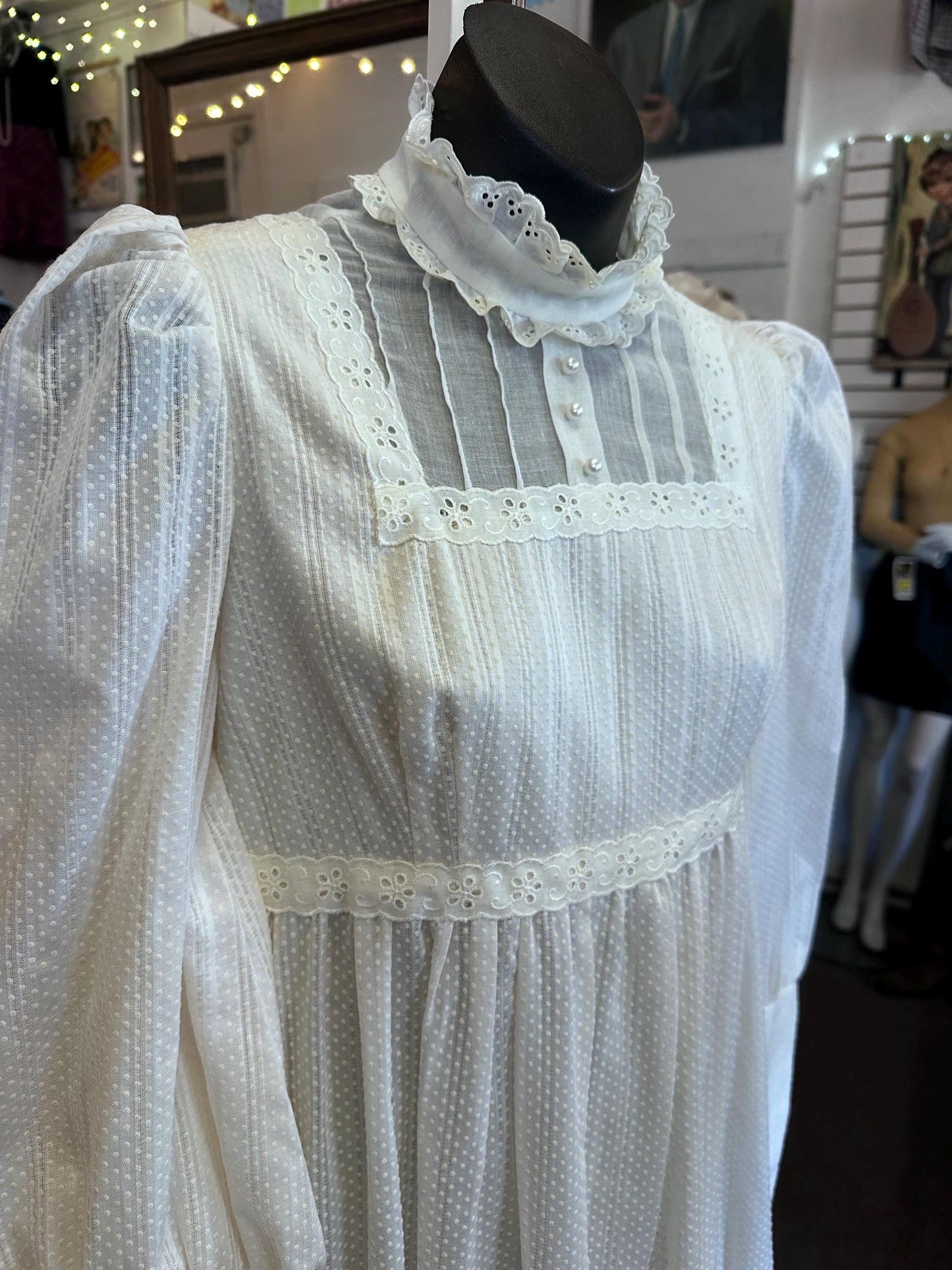 1970s Edwardian-Inspired Prairie Dress – Swiss Dot Fabric, Size XS