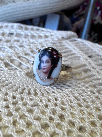 Vintage Hand Painted Limoges Cameo Porcelain Gold Filled. Stamped Gold Filled Ring