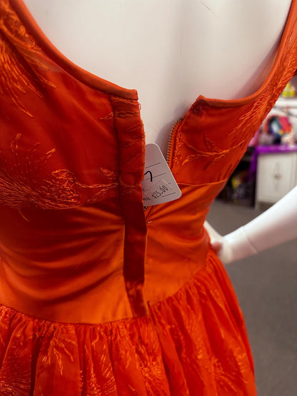 1950's  Juniors Orange Embroidered Formal Dress AS IS XS Fireworks Bubble Skirt