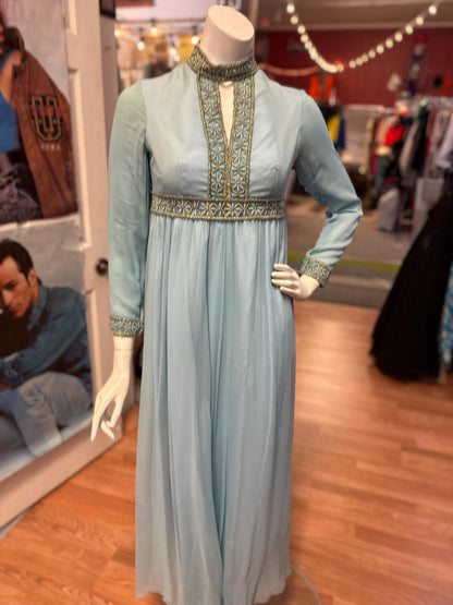 70s Disco Baby Vintage Baby blue and Gold Palazzo Pants Jumpsuit