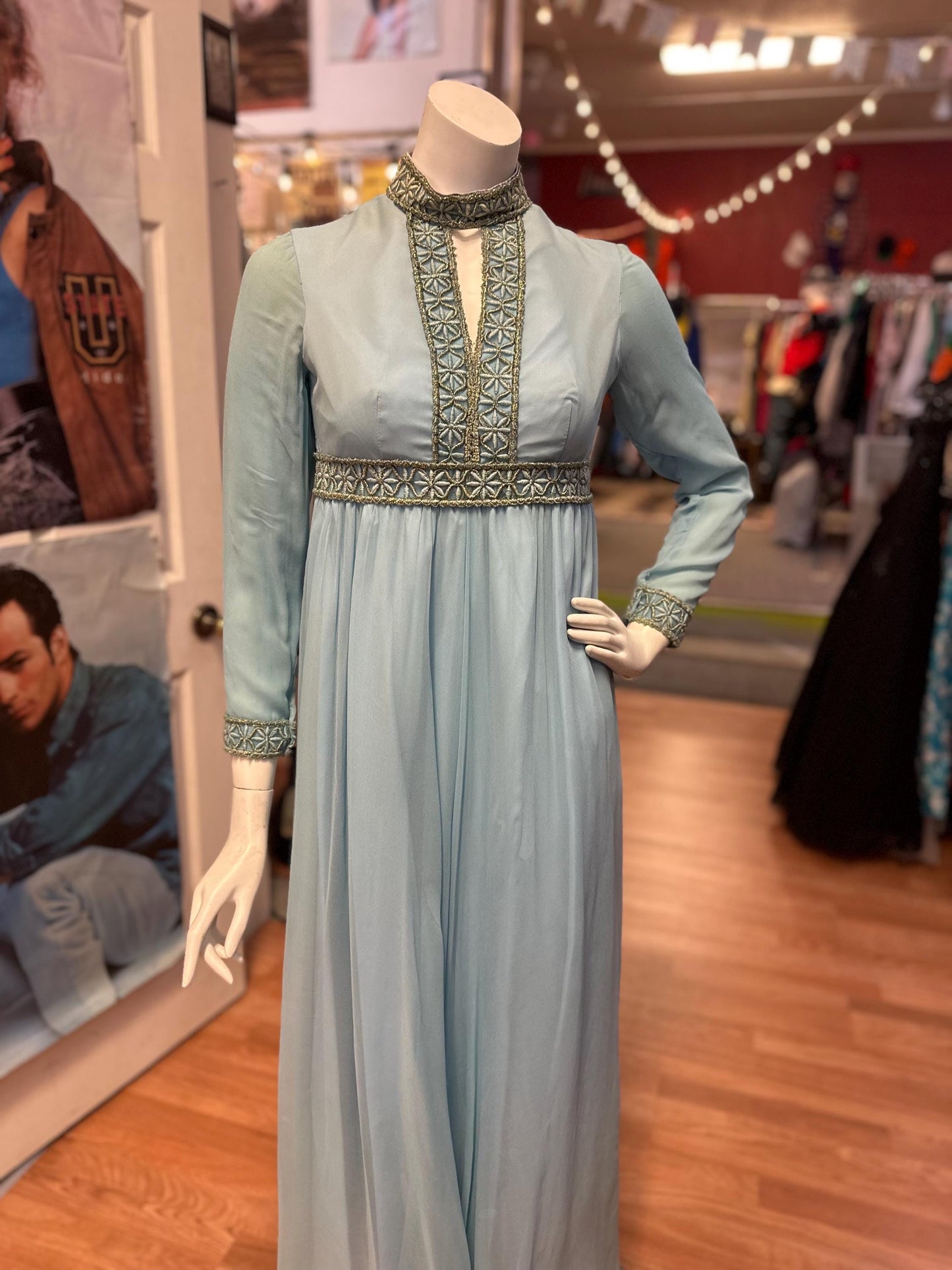 70s Disco Baby Vintage Baby blue and Gold Palazzo Pants Jumpsuit