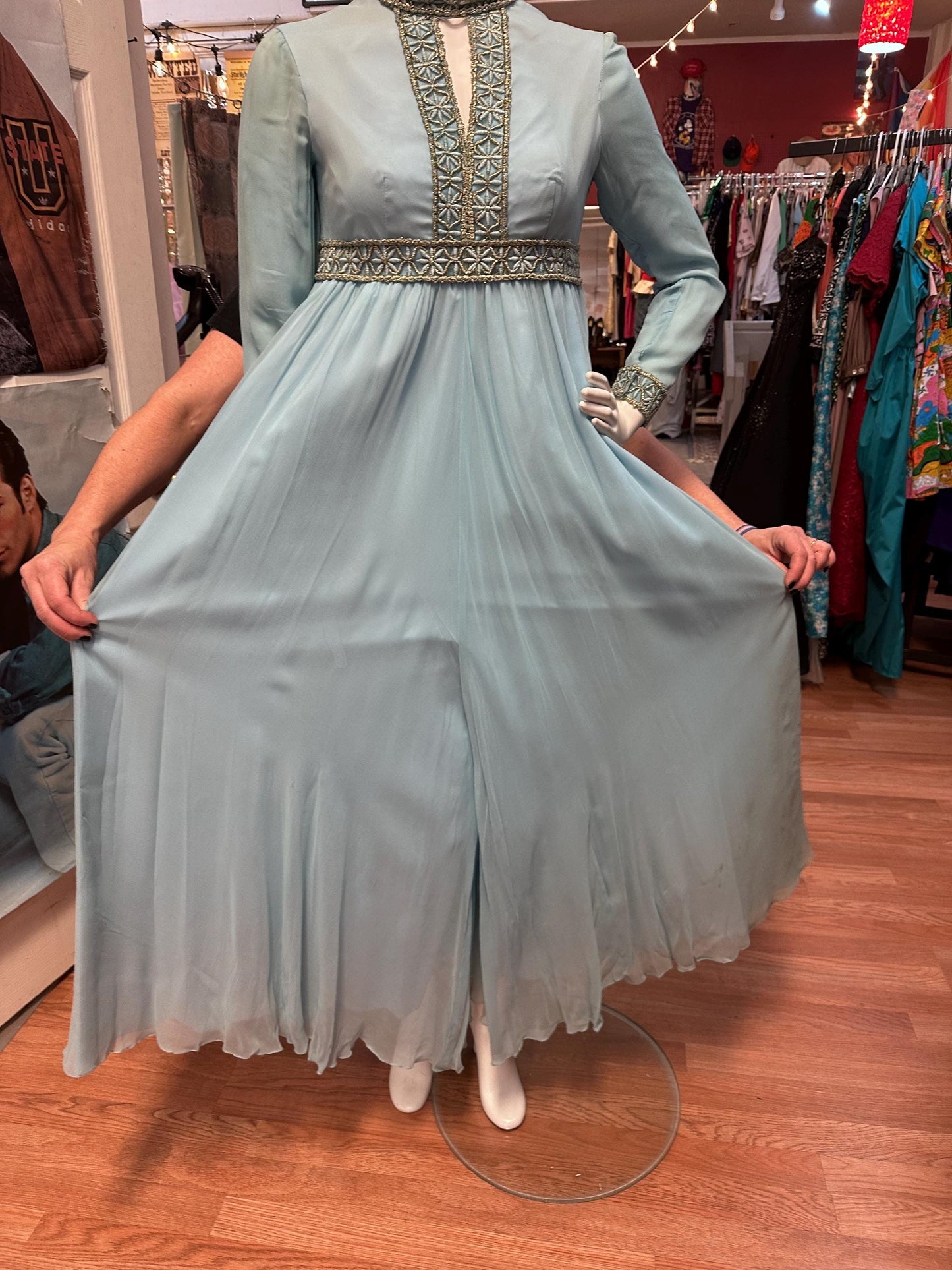 70s Disco Baby Vintage Baby blue and Gold Palazzo Pants Jumpsuit
