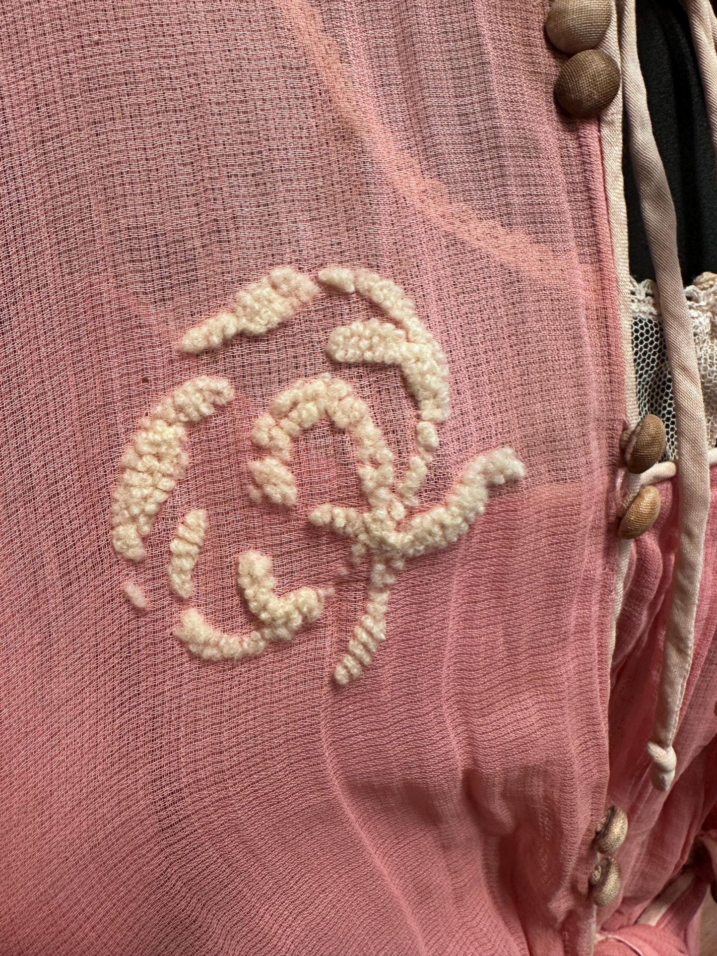 RARE Vintage Victorian Pink Muslin Chenille Embroidered Day Dress XS