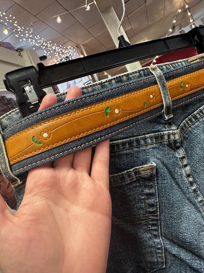 1970s Leather and Denim Hippie Flower Levis Belt XS-S