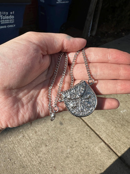 1990s DEADSTOCK VTG Silver Purse Necklace with Hidden Watch