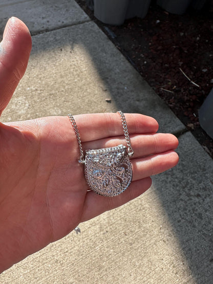 1990s DEADSTOCK VTG Silver Purse Necklace with Hidden Watch