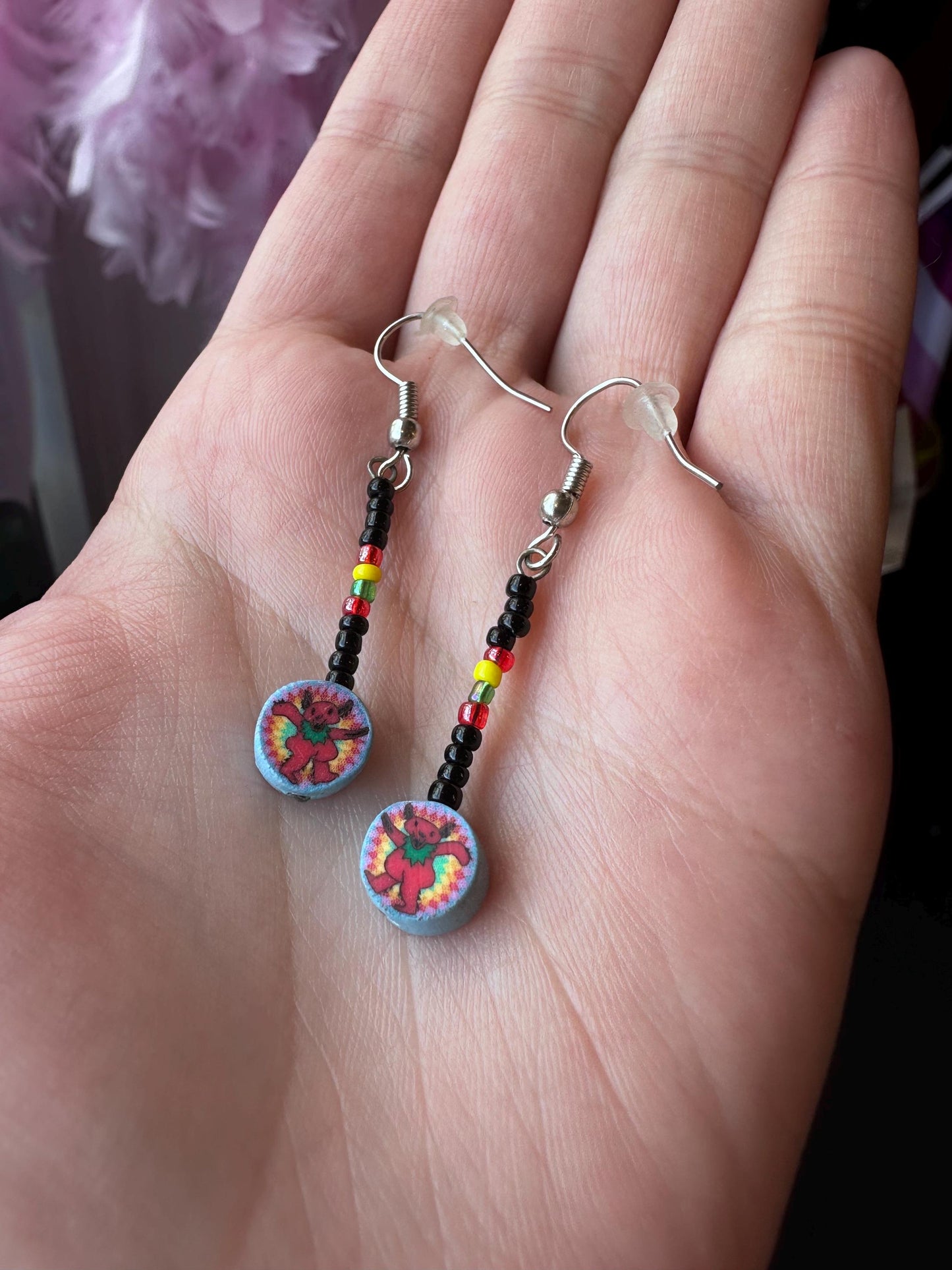 Deadstock Vintage Grateful Dead Polymer Clay & Beaded Dangle Earrings