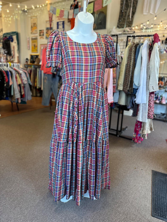 1970's Vintage Country Cottagecore Square Cottagecore Tiered dancing embroidered Rainbow Plaid fabric Size Large Maxi around 14