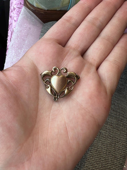 Antique Victorian Edwardian Heart Brooch Pin – “DS Co” Stamped, 1”