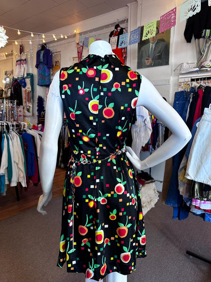 Early 1970's Groovy Hay Pence Polyester Geometric Fruit Little Black A-Line Dress