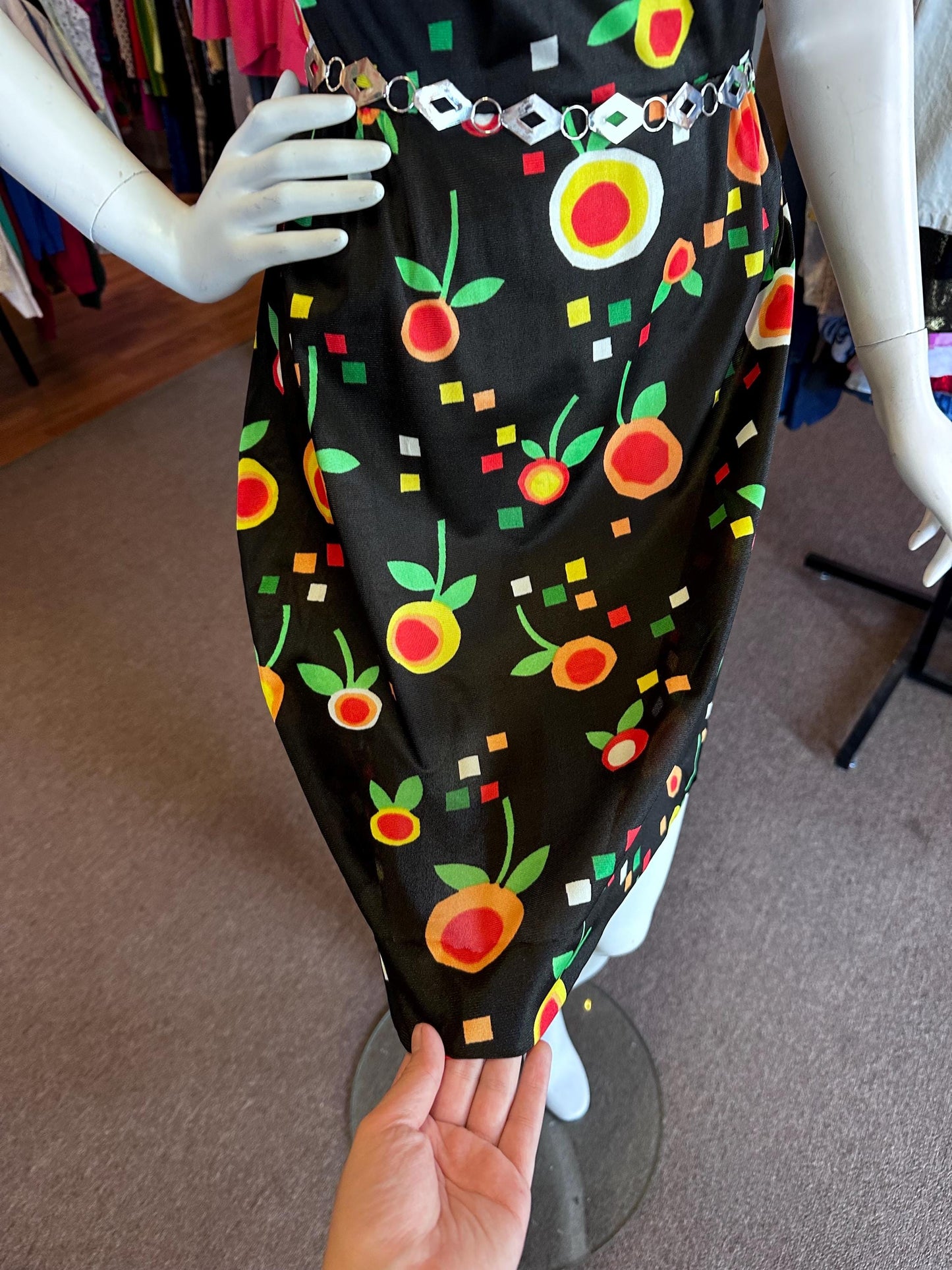 Early 1970's Groovy Hay Pence Polyester Geometric Fruit Little Black A-Line Dress