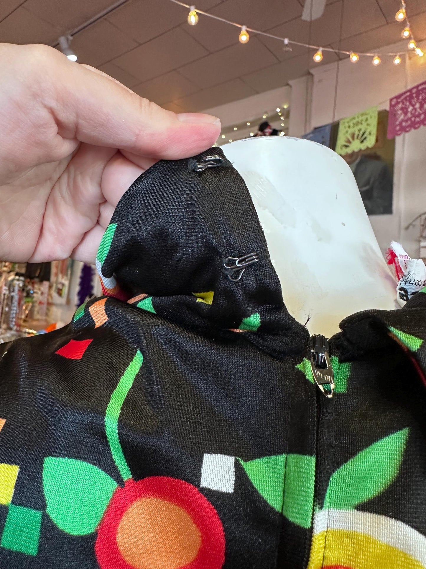 Early 1970's Groovy Hay Pence Polyester Geometric Fruit Little Black A-Line Dress