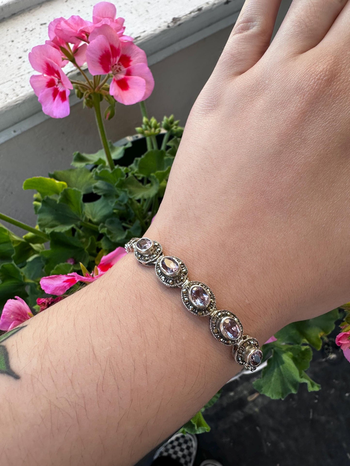 Art Deco Amethyst and Marcasite Bracelet stamped sterling silver