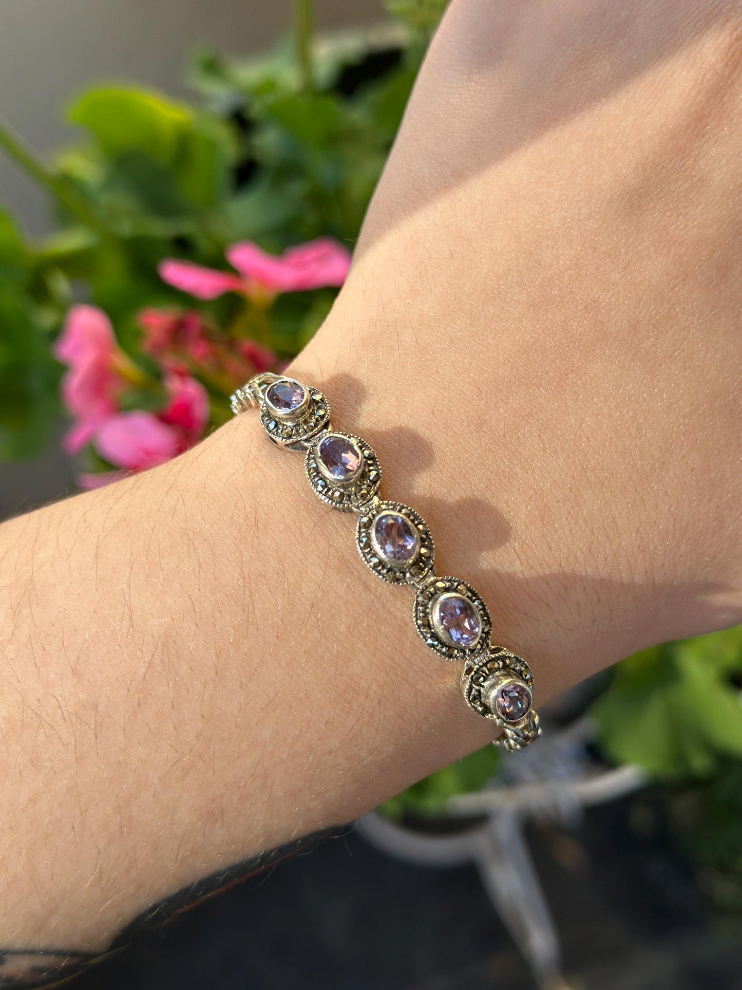 Art Deco Amethyst and Marcasite Bracelet stamped sterling silver