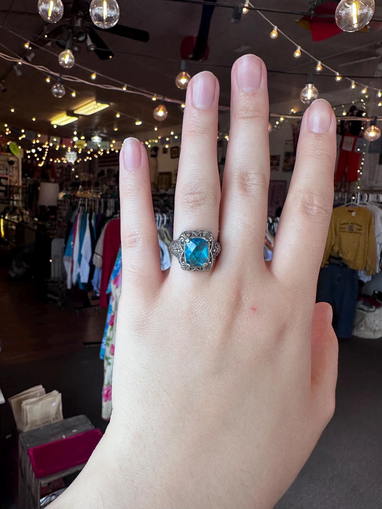 Victorian Blue Topaz Sterling Silver Floral Filigree Ring – Size 6