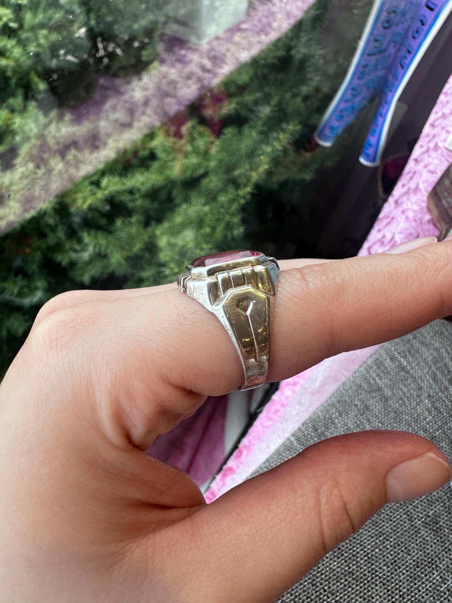 Vintage MCM Sterling Silver Uncas Men's Ring with Large Red Stone – Size 9