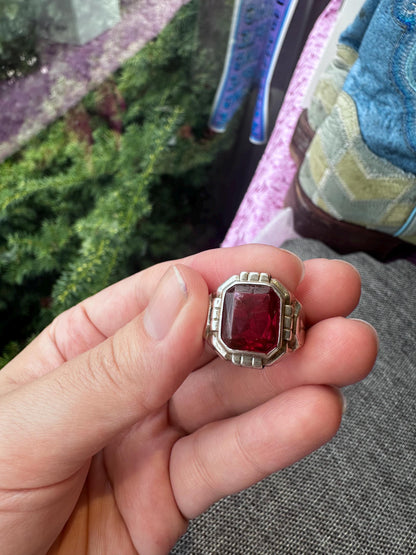 Vintage MCM Sterling Silver Uncas Men's Ring with Large Red Stone – Size 9