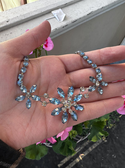 Vintage Hollywood Regency Blue Rhinestone Crystal Flower Necklace and Clip On Earrings Set