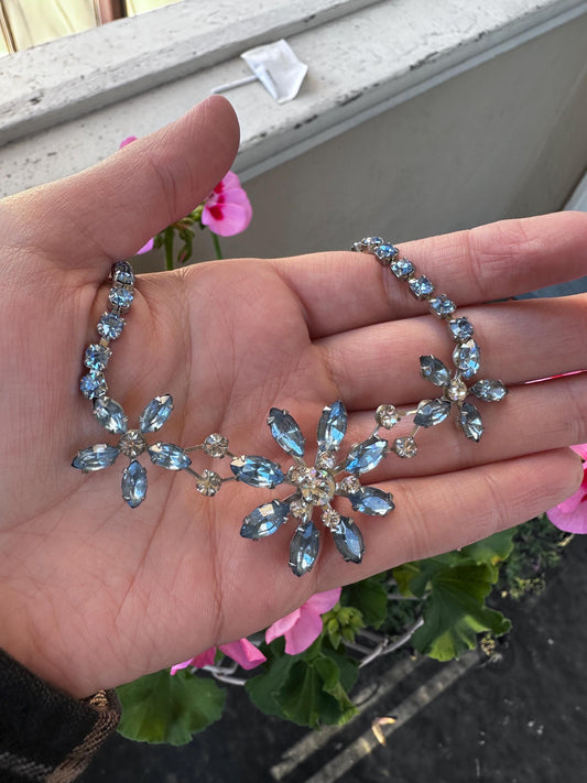 Vintage Hollywood Regency Blue Rhinestone Crystal Flower Necklace and Clip On Earrings Set