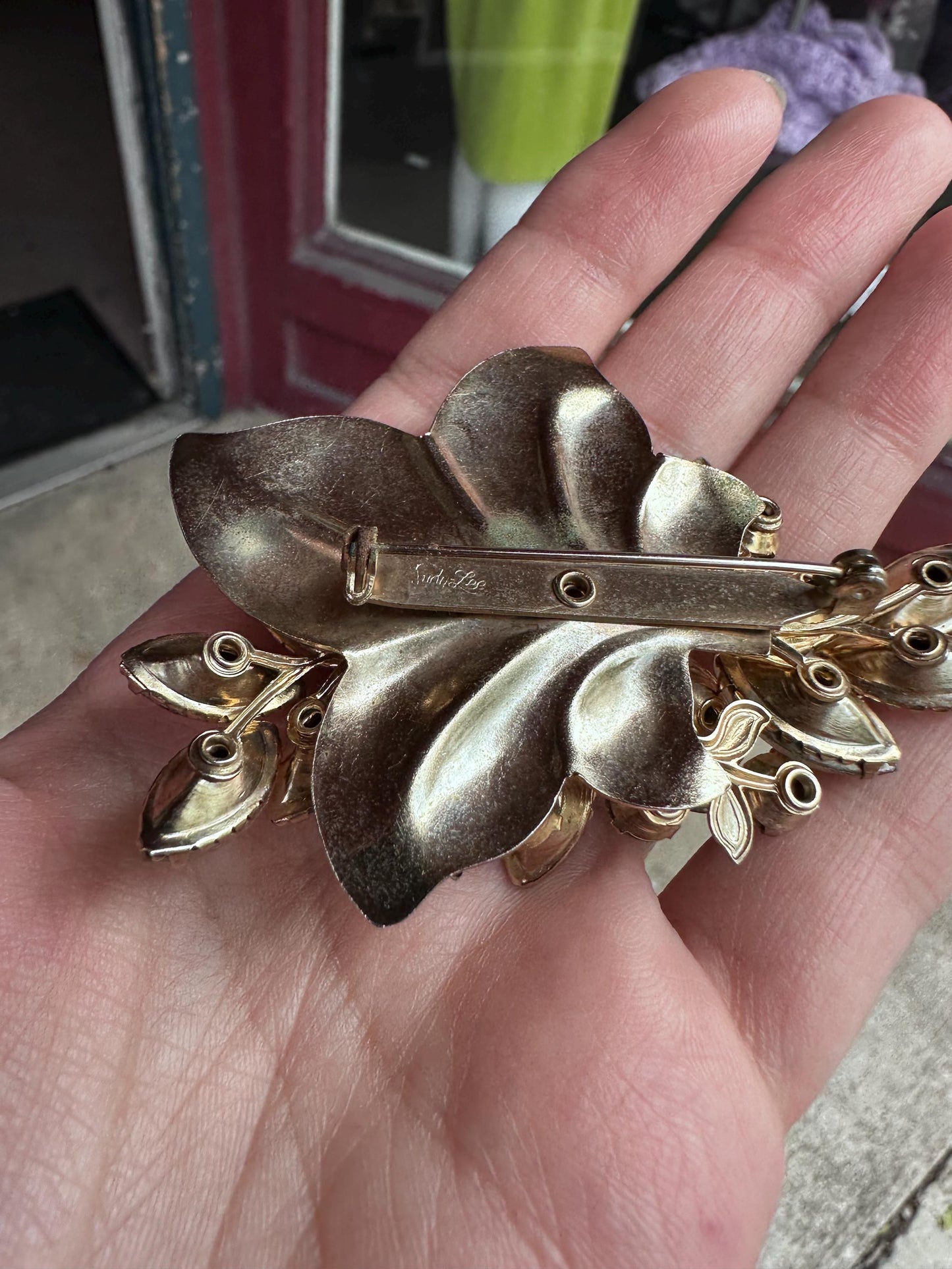 Judy Lee VTG Signed Rhinestone Floral Brooch