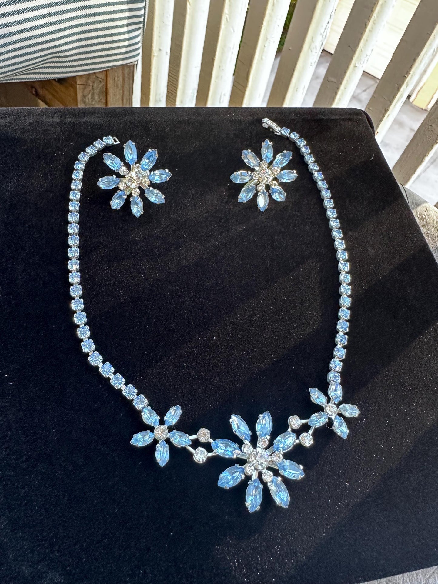 Vintage Hollywood Regency Blue Rhinestone Crystal Flower Necklace and Clip On Earrings Set