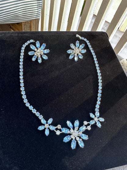 Vintage Hollywood Regency Blue Rhinestone Crystal Flower Necklace and Clip On Earrings Set