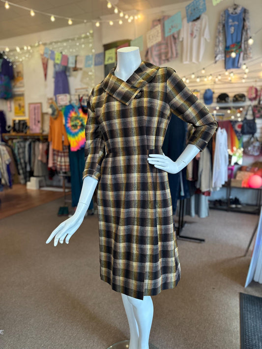 Vintage 60s/70s Handmade Rainbow Brown Prism Plaid Flannel Dress Has Pockets Size Small