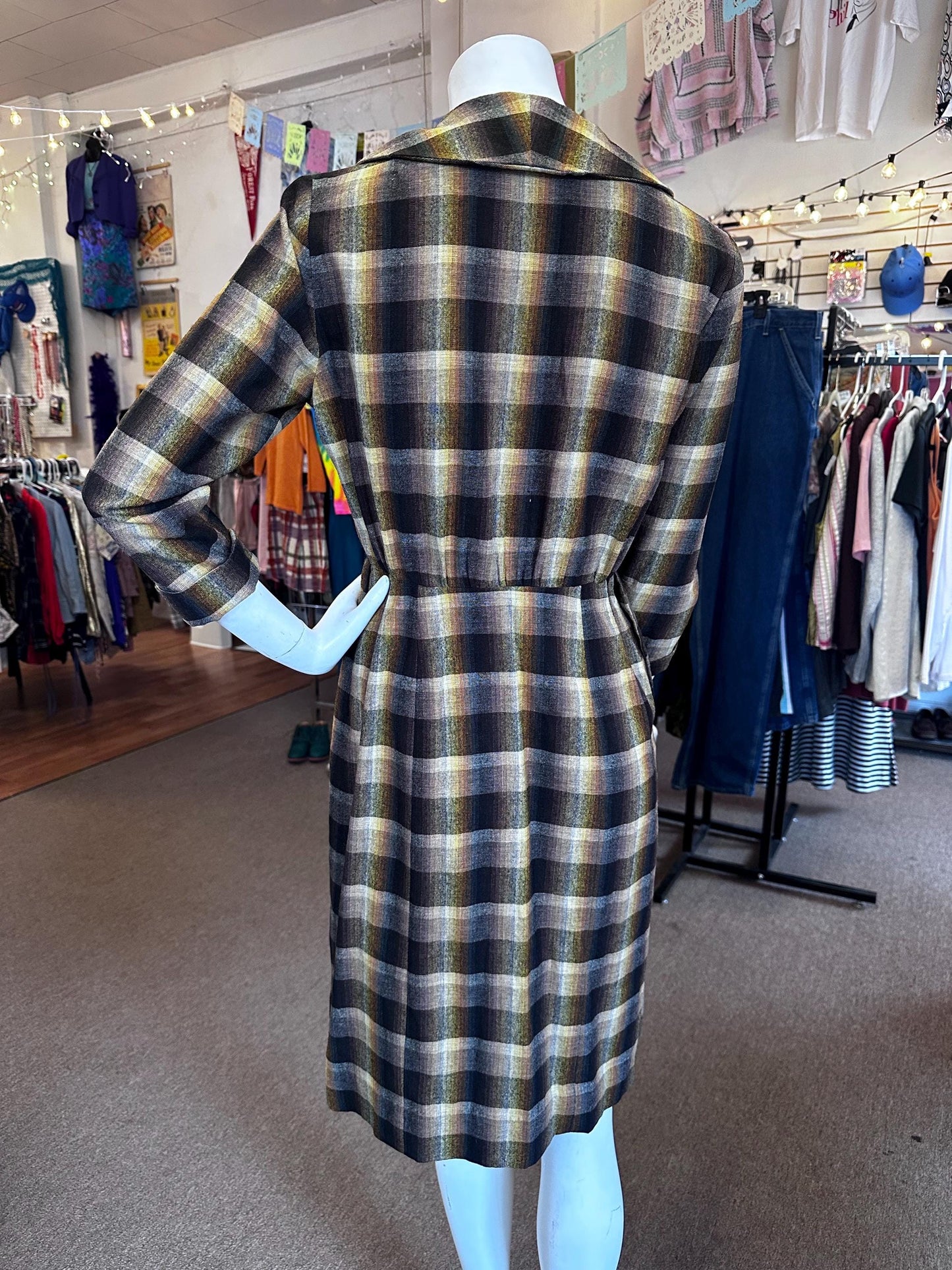 Vintage 60s/70s Handmade Rainbow Brown Prism Plaid Flannel Dress Has Pockets Size Small
