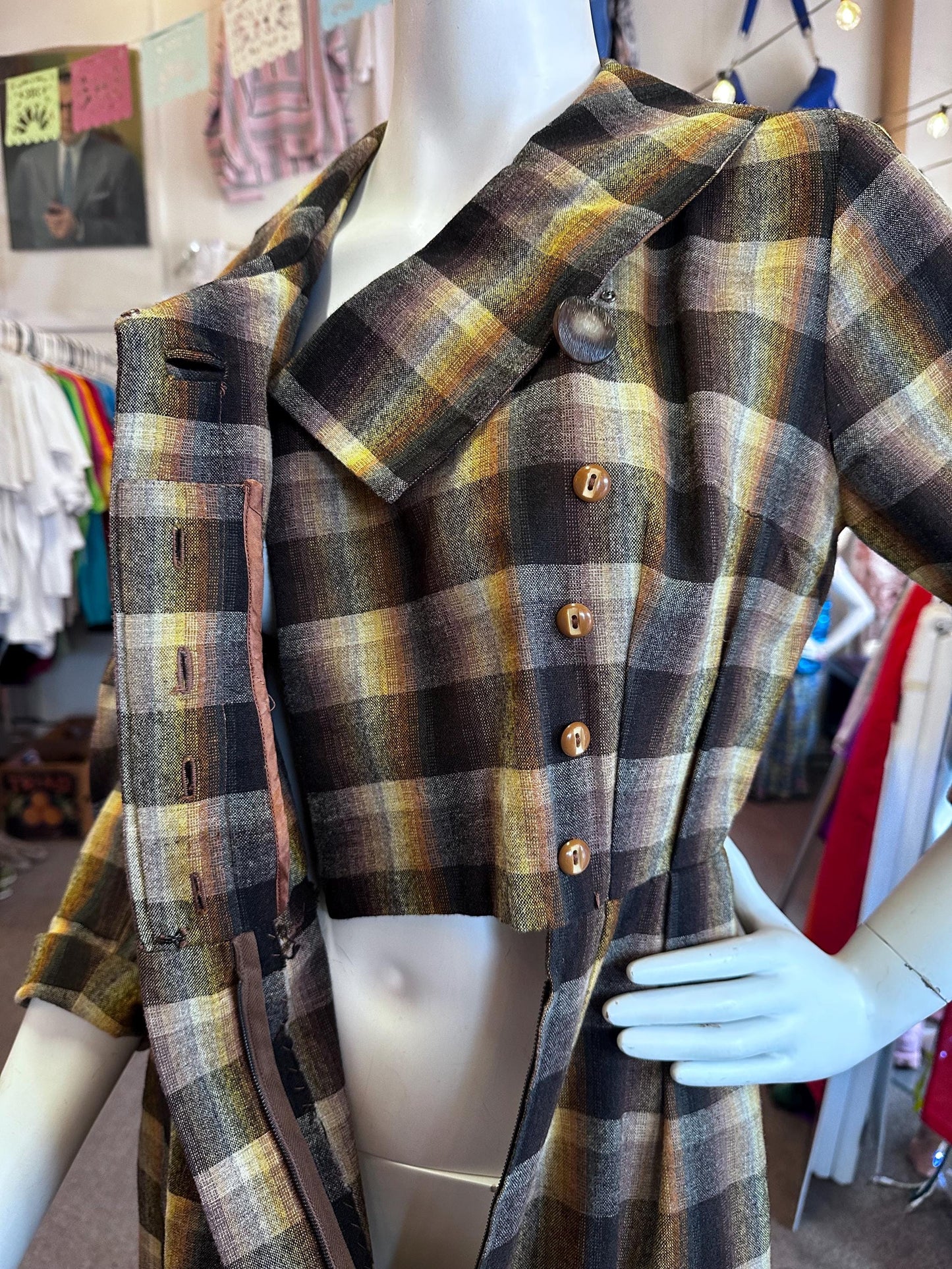 Vintage 60s/70s Handmade Rainbow Brown Prism Plaid Flannel Dress Has Pockets Size Small