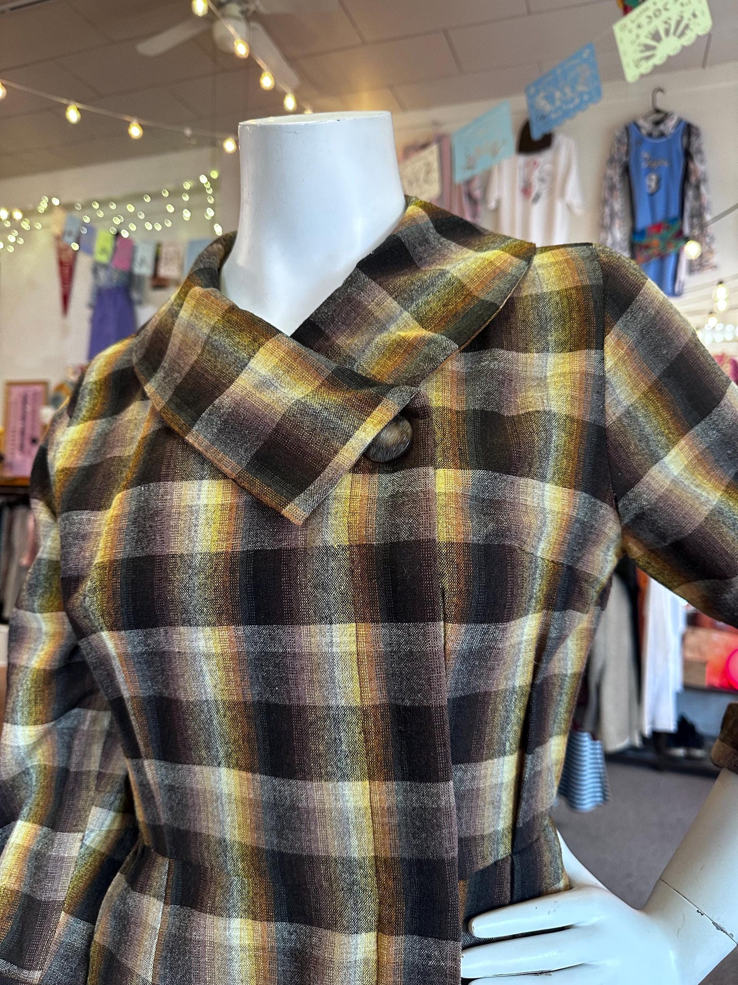 Vintage 60s/70s Handmade Rainbow Brown Prism Plaid Flannel Dress Has Pockets Size Small