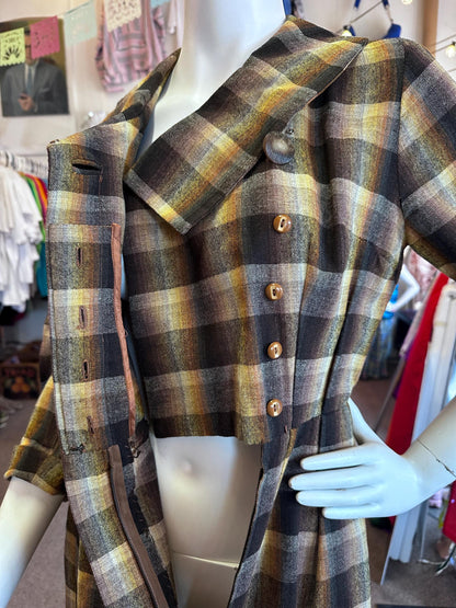 Vintage 60s/70s Handmade Rainbow Brown Prism Plaid Flannel Dress Has Pockets Size Small
