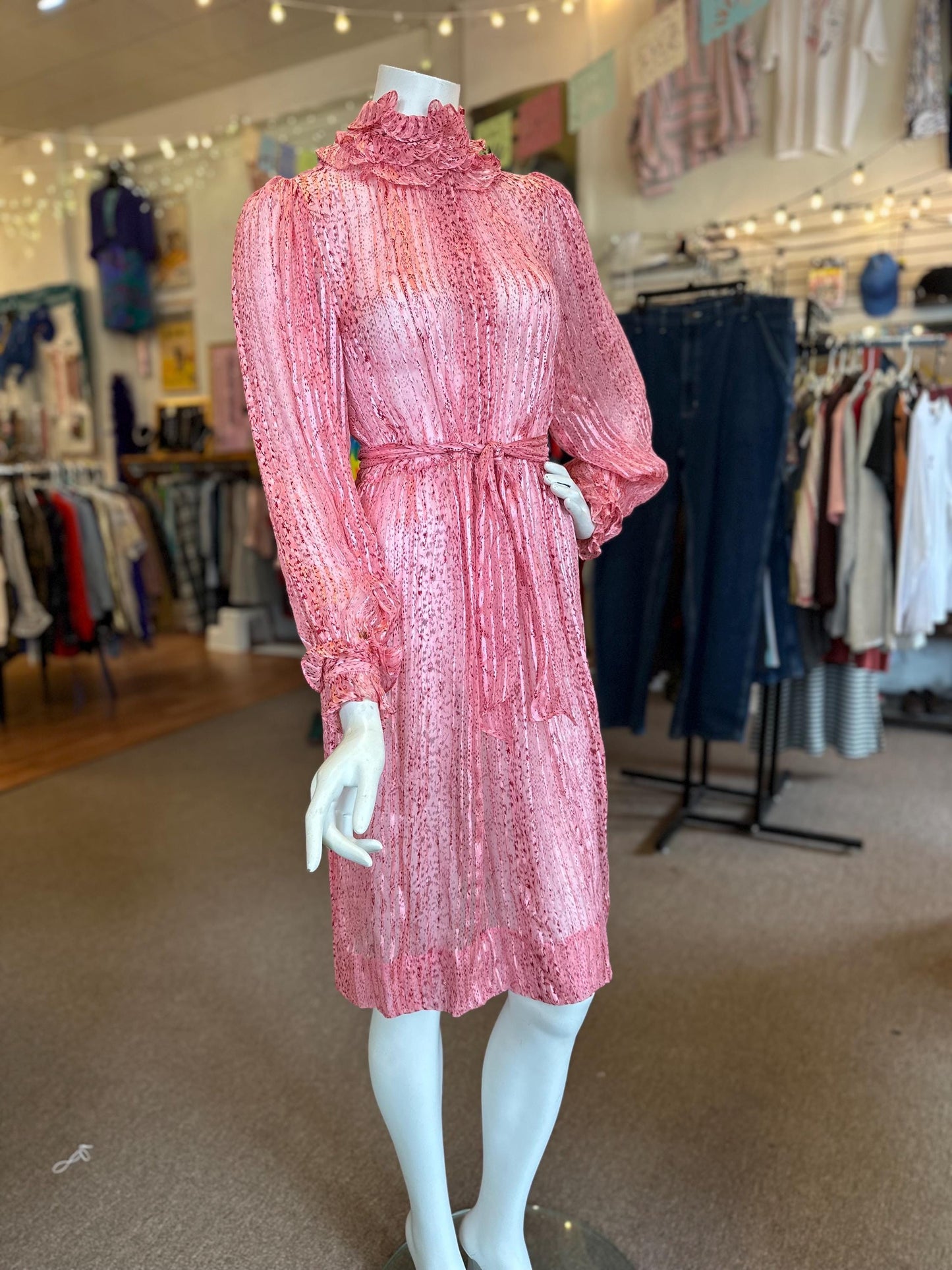 Vintage 1970's Silk Saks Fifth Avenue Sheer Metallic Ruffle Dress Disco With Belt As is
