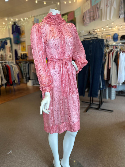 Vintage 1970's Silk Saks Fifth Avenue Sheer Metallic Ruffle Dress Disco With Belt As is