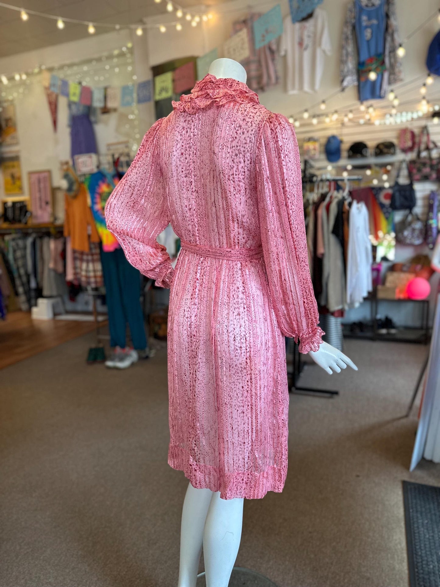 Vintage 1970's Silk Saks Fifth Avenue Sheer Metallic Ruffle Dress Disco With Belt As is