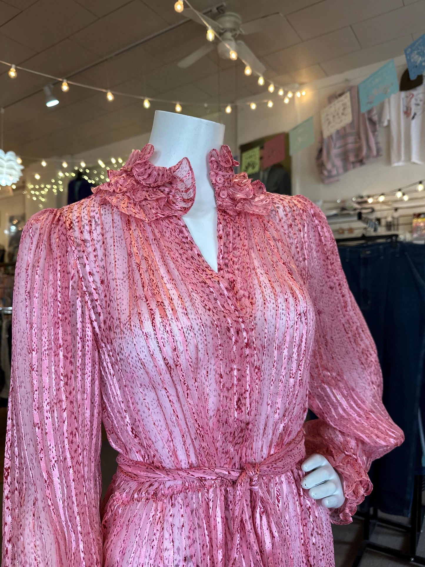 Vintage 1970's Silk Saks Fifth Avenue Sheer Metallic Ruffle Dress Disco With Belt As is