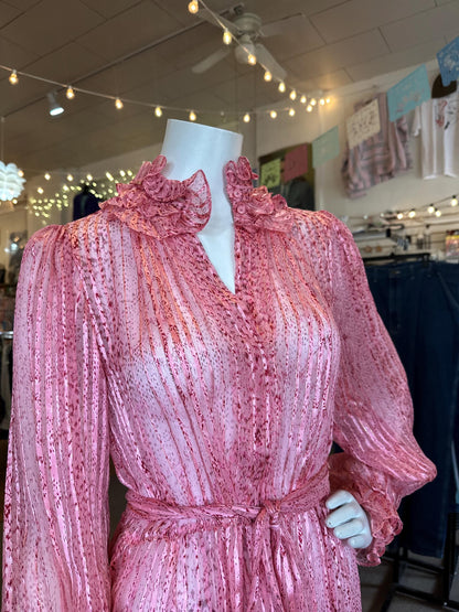 Vintage 1970's Silk Saks Fifth Avenue Sheer Metallic Ruffle Dress Disco With Belt As is