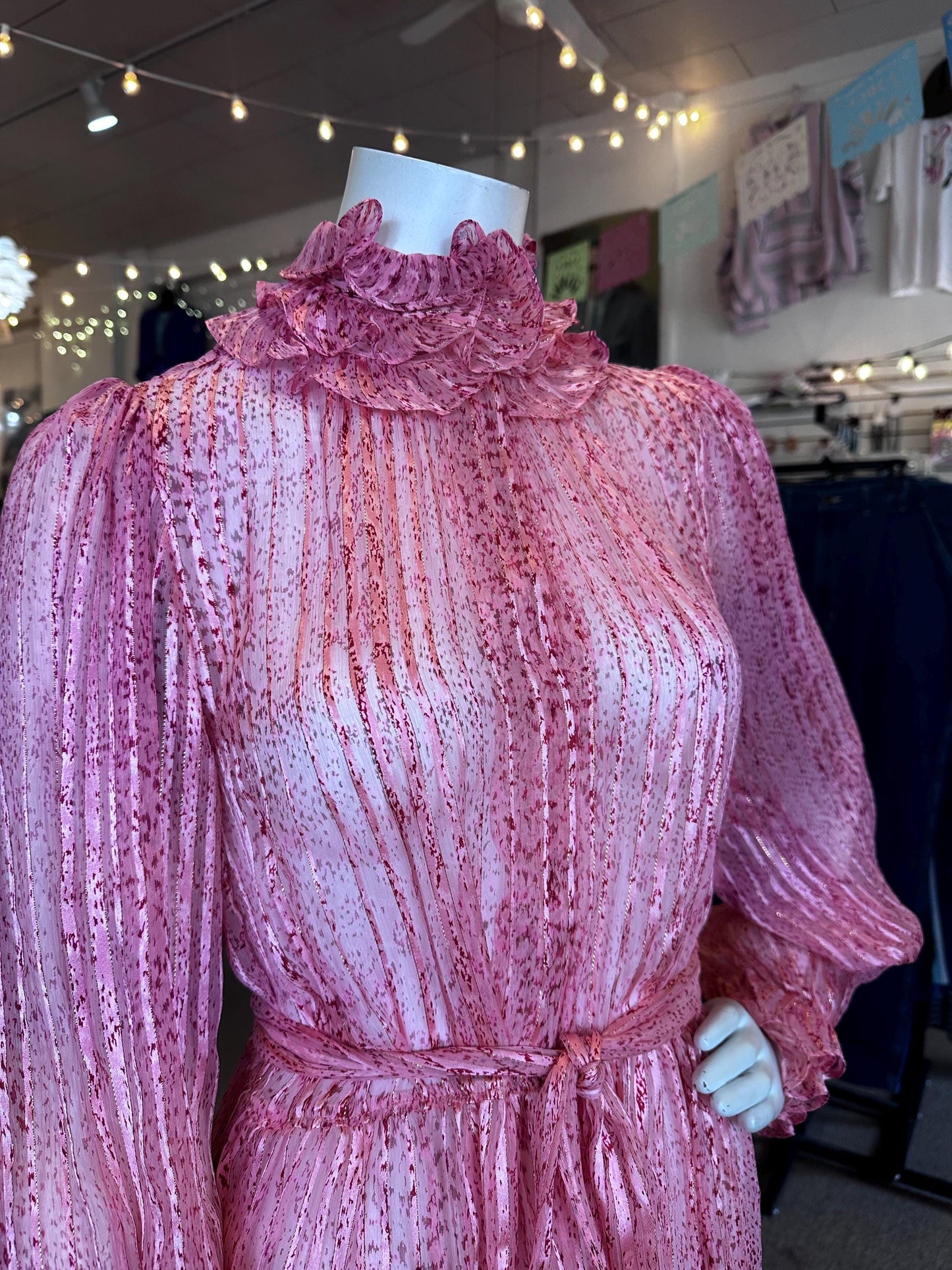 Vintage 1970's Silk Saks Fifth Avenue Sheer Metallic Ruffle Dress Disco With Belt As is