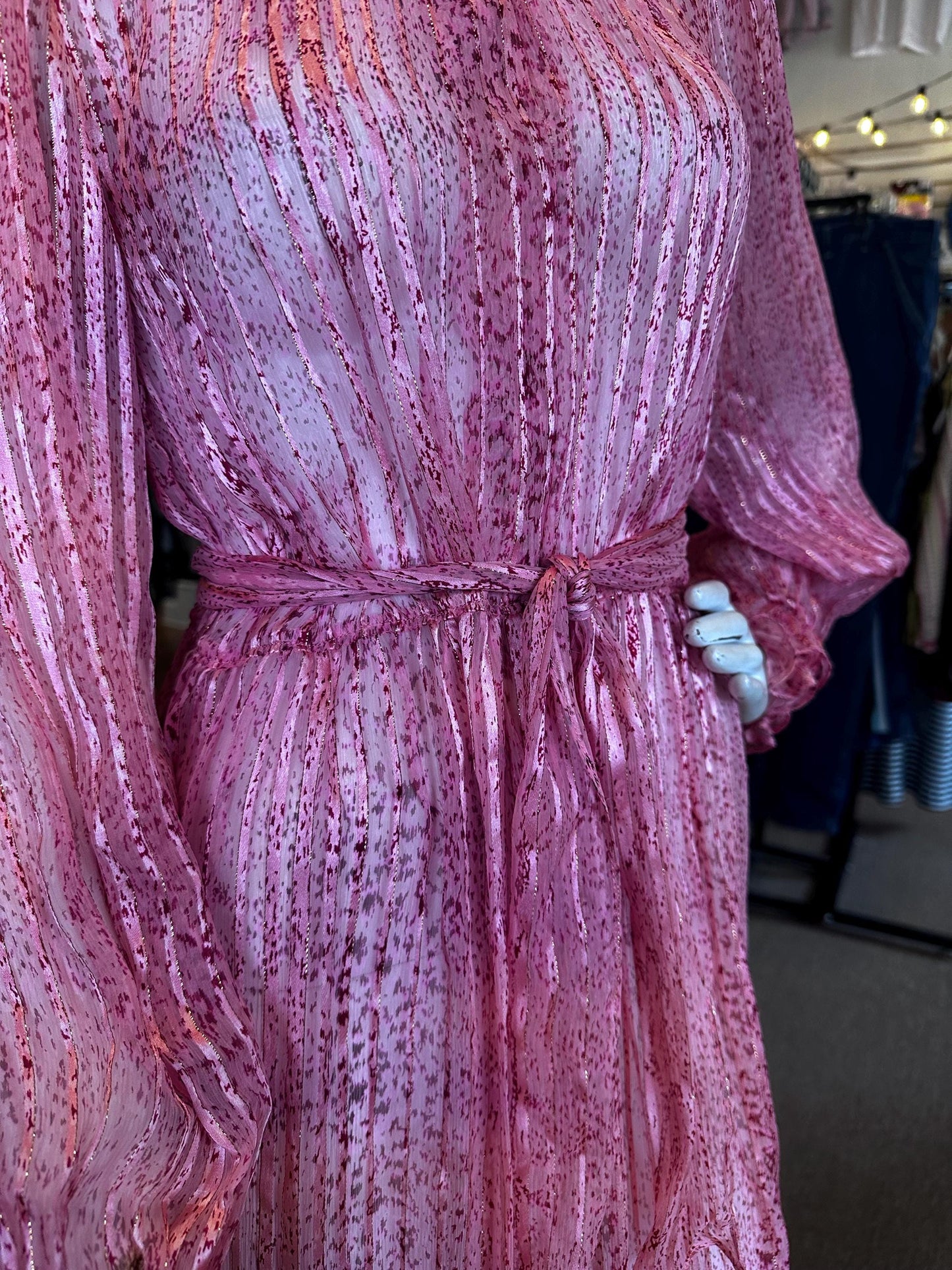 Vintage 1970's Silk Saks Fifth Avenue Sheer Metallic Ruffle Dress Disco With Belt As is