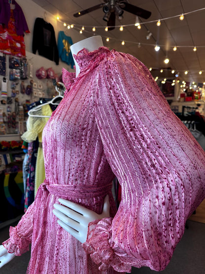 Vintage 1970's Silk Saks Fifth Avenue Sheer Metallic Ruffle Dress Disco With Belt As is