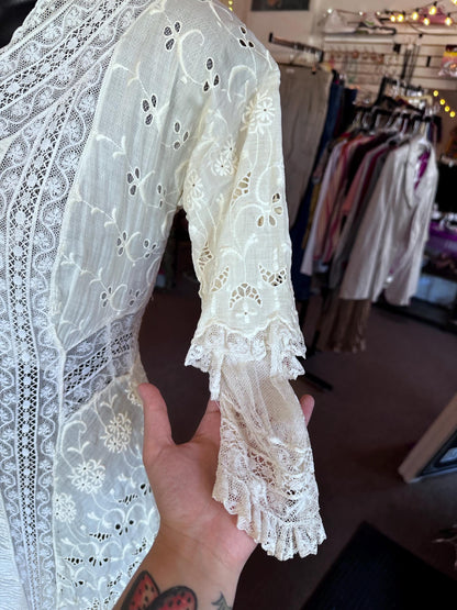 Antique Edwardian Crocheted Lace Cotton Tea Summer Bridal Gauzy Dress XXS/XS