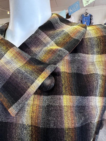 Vintage 60s/70s Handmade Rainbow Brown Prism Plaid Flannel Dress Has Pockets Size Small