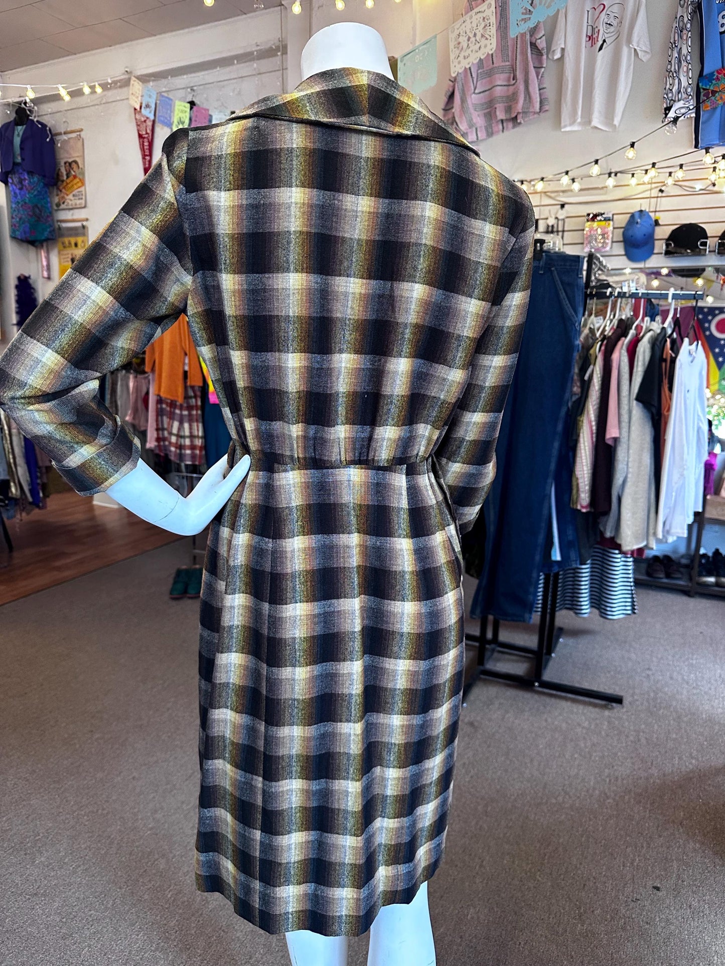 Vintage 60s/70s Handmade Rainbow Brown Prism Plaid Flannel Dress Has Pockets Size Small