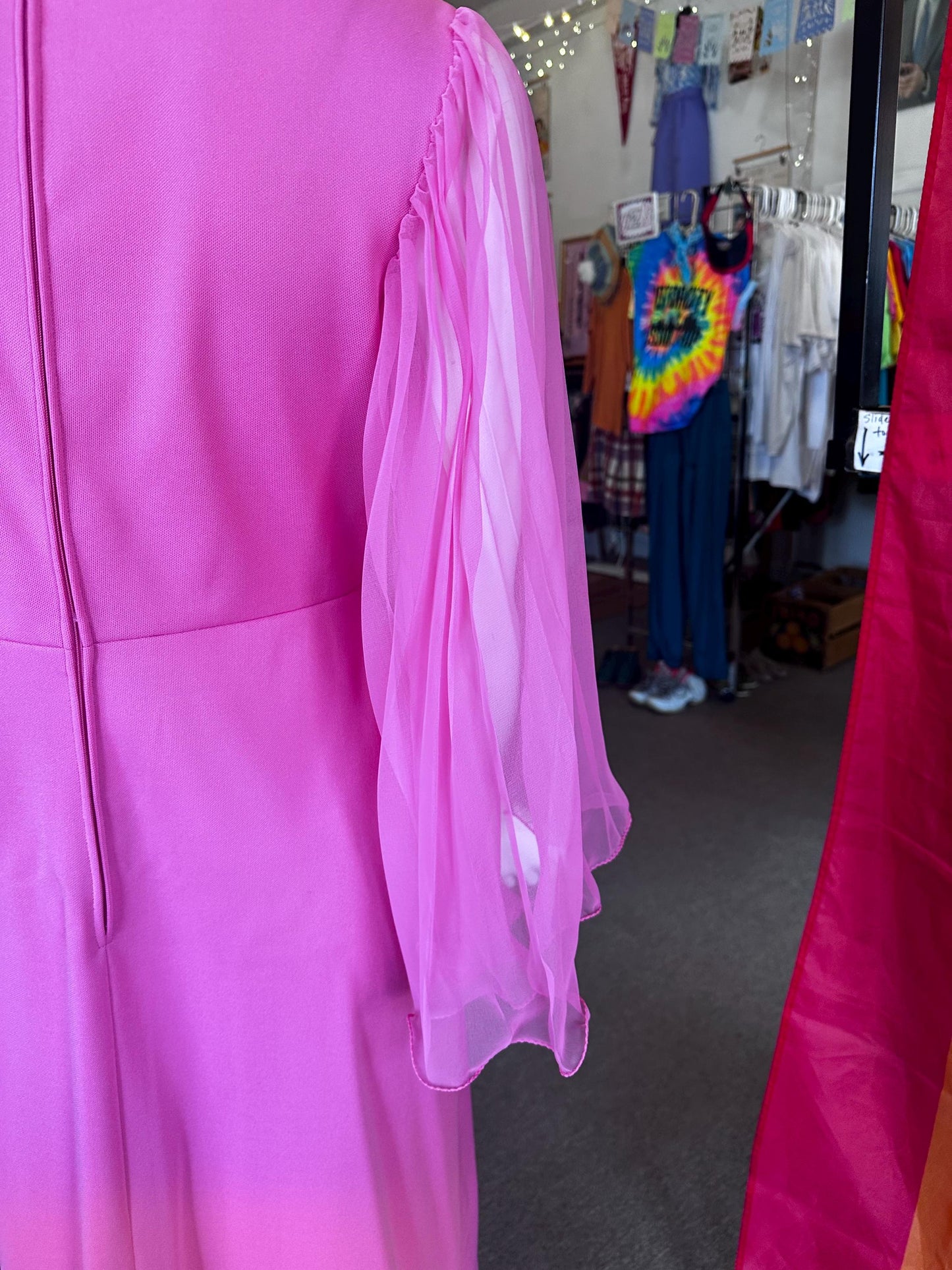Vintage 1970's Bubble Gum Pink Hippie Empire Waist Dazzle Angel Sleeve Maxi Dress