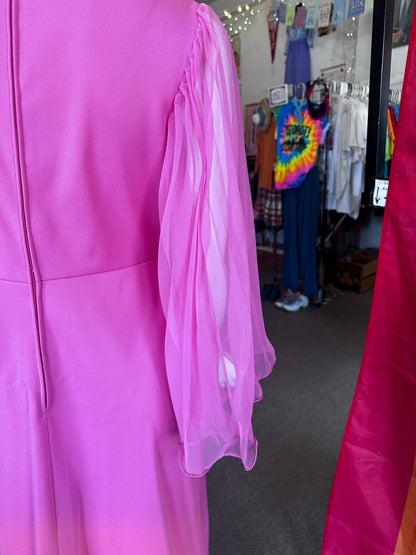 Vintage 1970's Bubble Gum Pink Hippie Empire Waist Dazzle Angel Sleeve Maxi Dress