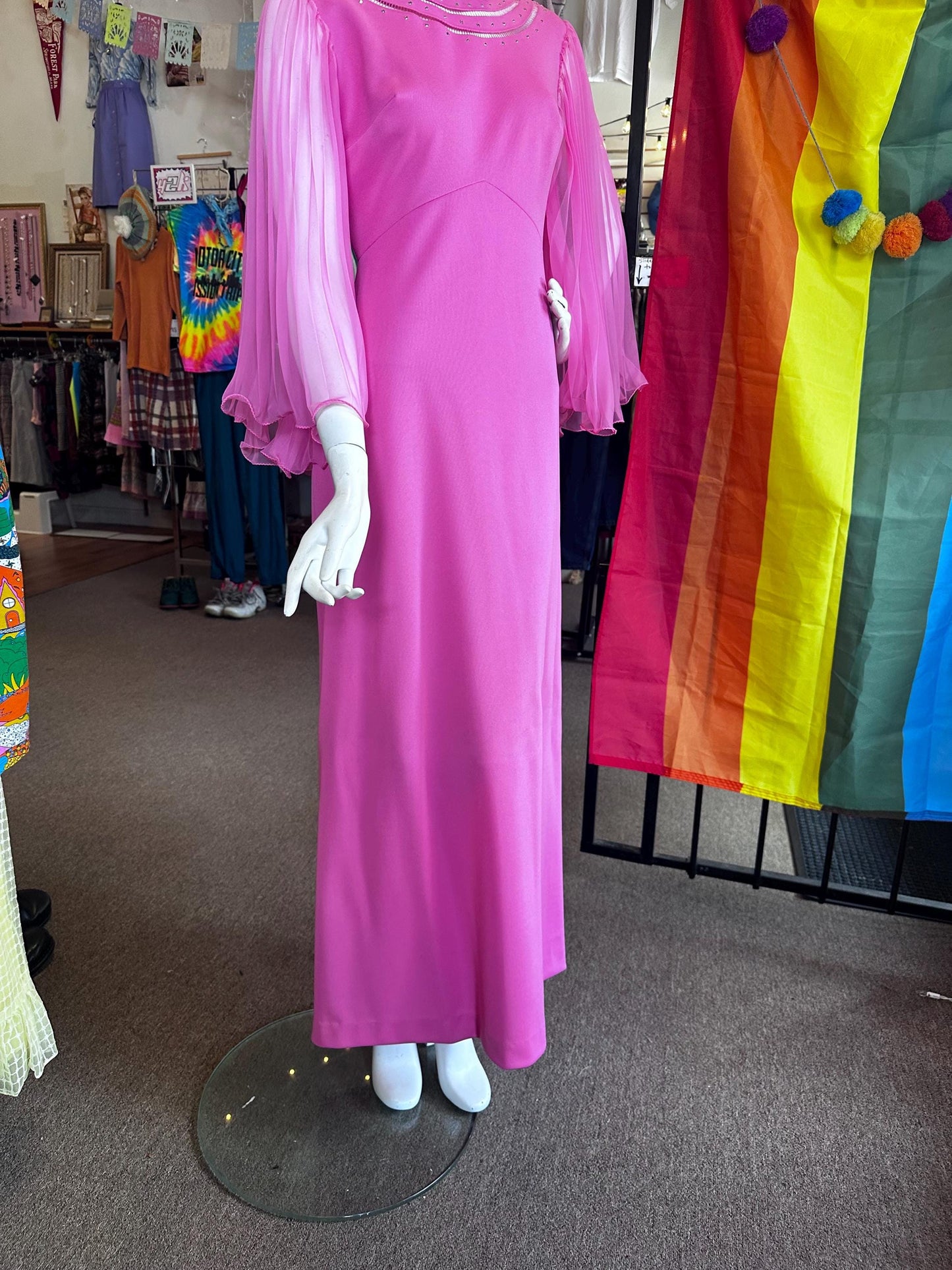 Vintage 1970's Bubble Gum Pink Hippie Empire Waist Dazzle Angel Sleeve Maxi Dress