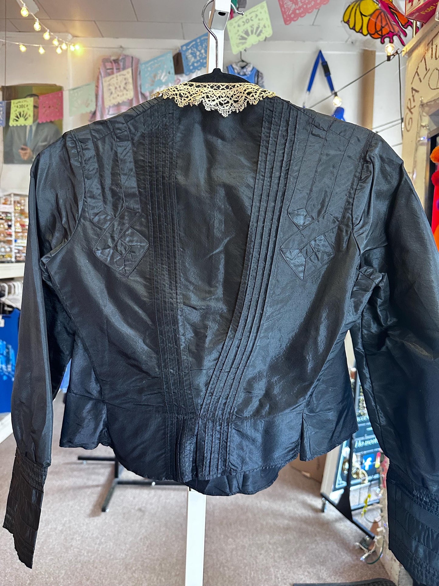 Vintage Victorian Edwardian Silk Black Blouse Lace Collar Geometric Pattern As Is